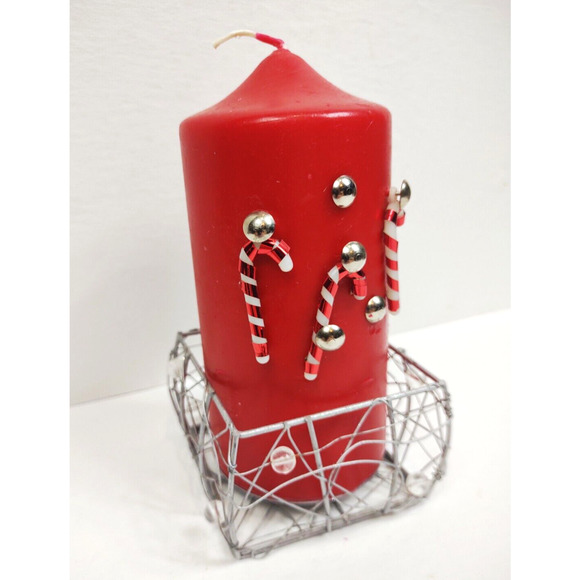 Handmade Christmas Candy Cane Pillar Candle 6oz w Wire Basket Red Holiday - Picture 9 of 12